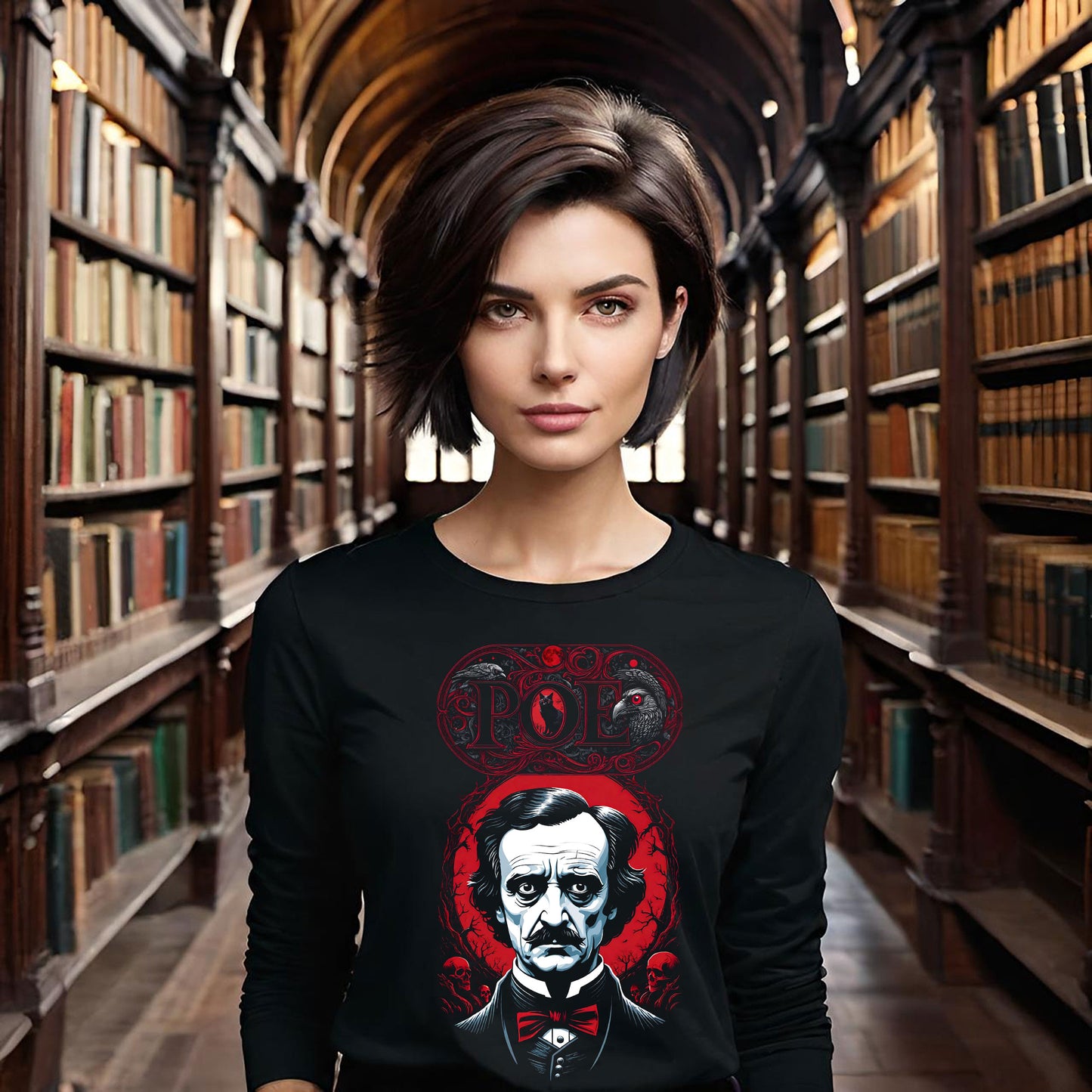 Edgar Allen Poe Gothic Long Sleeve Tee, Black Cat Raven Skulls Design, Poe Fans Shirt, Red Halftone Soft Style Tee