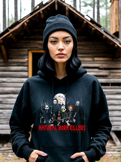 Natural Born Killers' is an amazing Halloween Hoodie, just filled with Horror Movie references from the most iconic 1980's horror films. Available for Ladies on black unisex cotton hoodies.