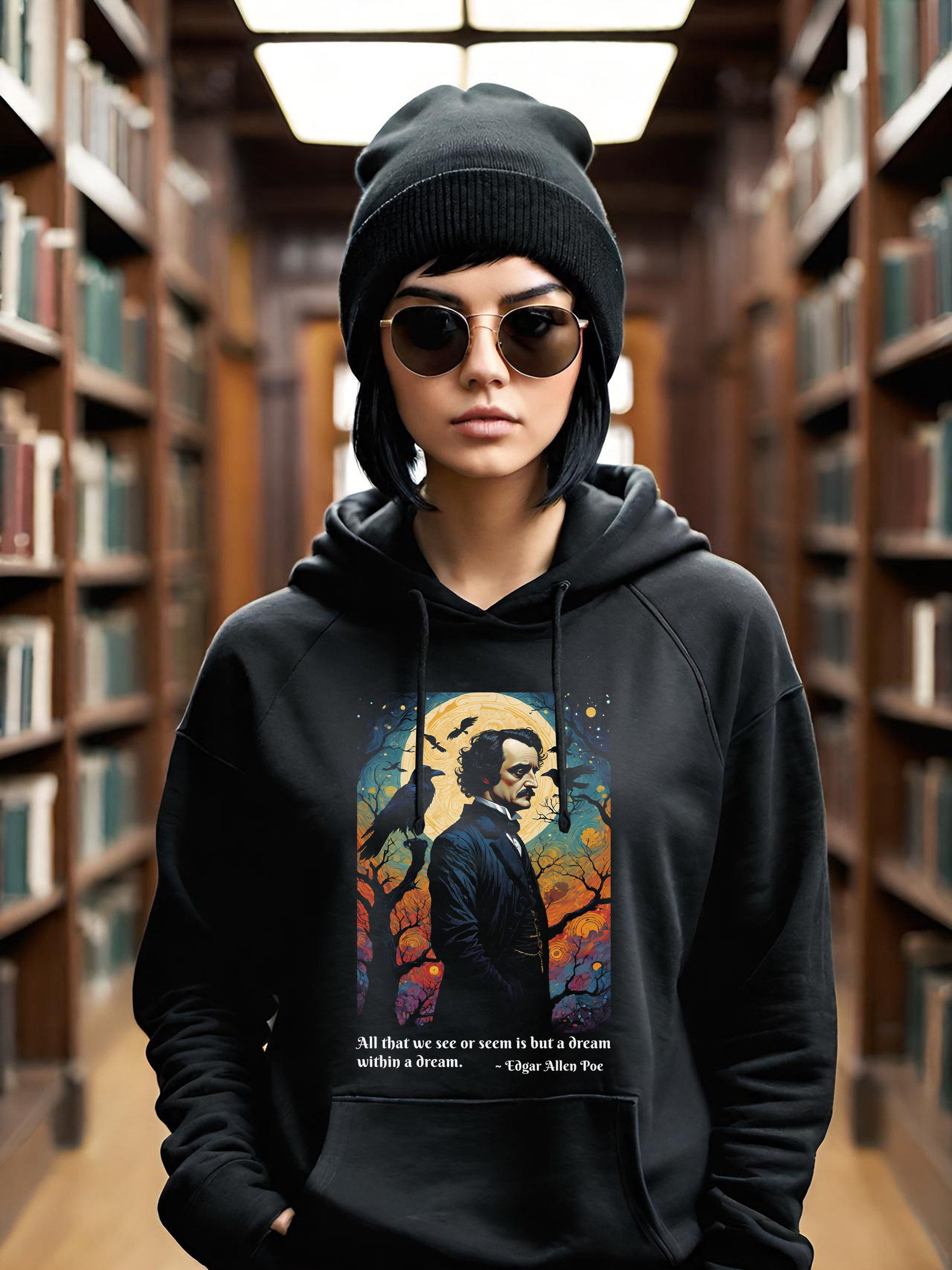 Once upon a midnight dreary. If these words conjure up images of diabolical fiends and fearsome specters, then you must be a fan of Poe, and you are in the right place to! Claim this stunningly creepy Edgar Allen Poe Women's Hoodie today!