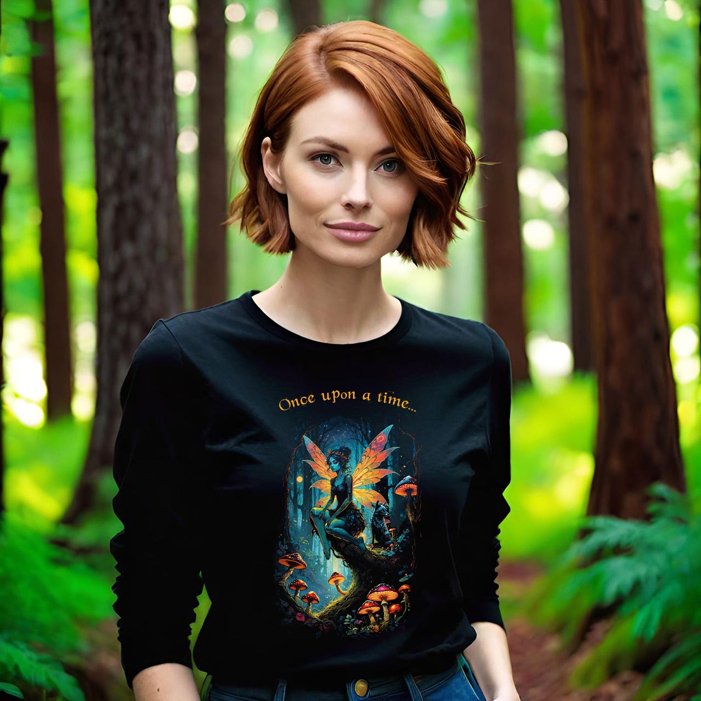 Fantasy Fox and Fairy Long Sleeve Tee, Enchanting Fairy Girl T-shirt, Spellbinding Ladies Shirt, Fairy Realm Shirt, Unisex Long Sleeve