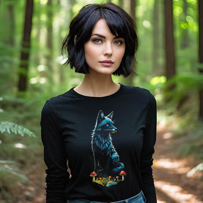 Fantasy Fox and Fairy Long Sleeve Tee - Enchanting Ladies Shirt for Animal Lovers, Halftone Design, Casual Wear, Birthday Gift, Wildlife