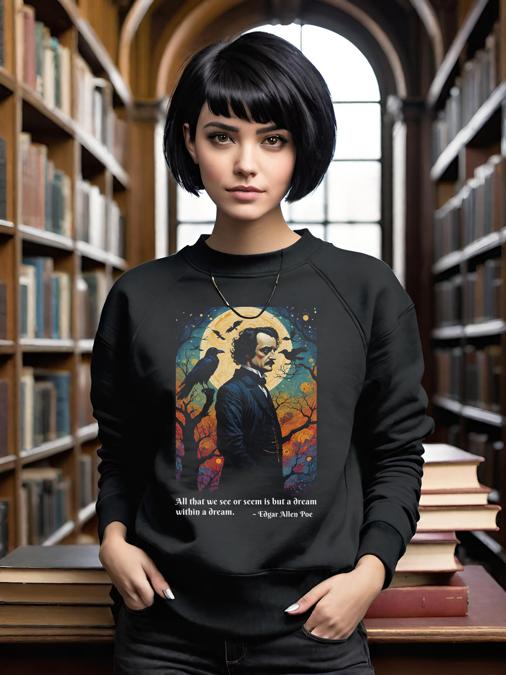 Once upon a midnight dreary. If these words conjure up images of diabolical fiends and fearsome specters, then you must be a fan of Poe, and you are in the right place to! Claim this stunningly creepy Edgar Allen Poe Women's Sweatshirt today!