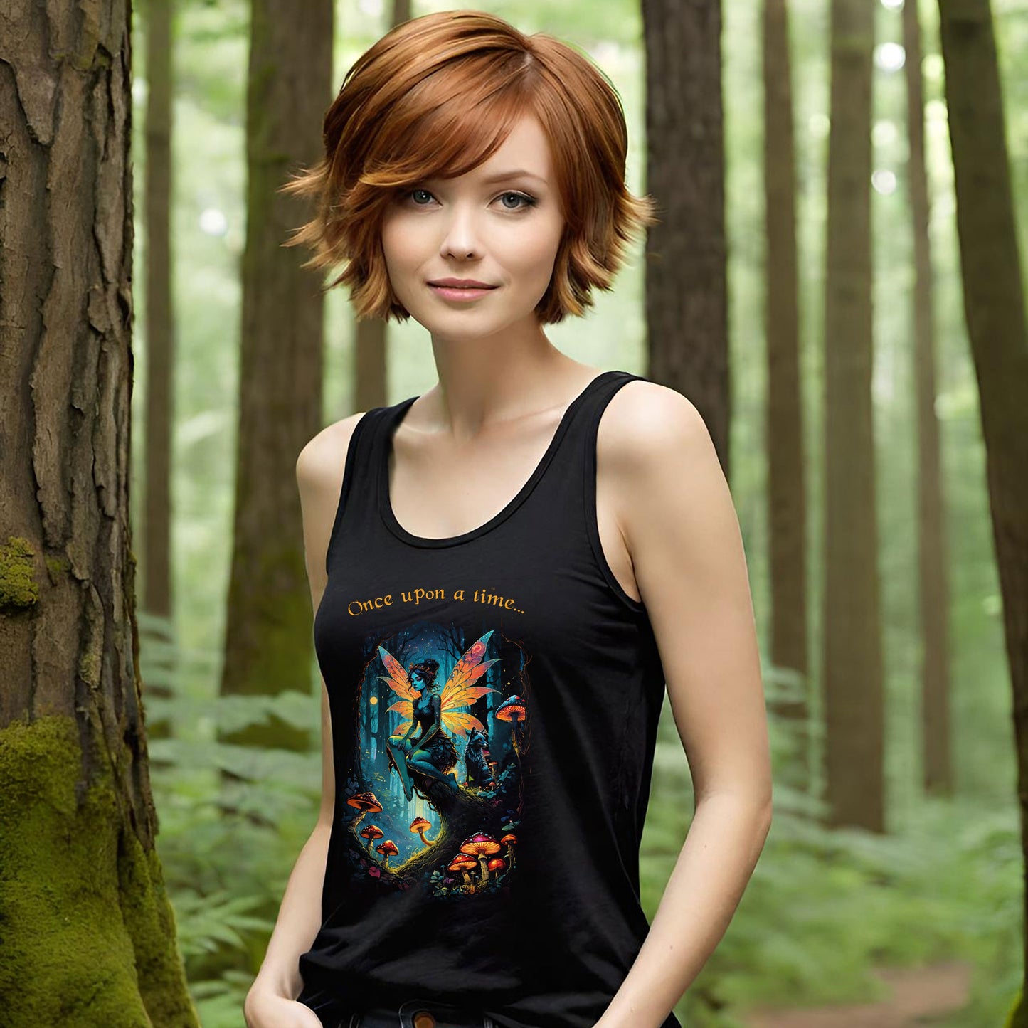 Fantasy Fox and Fairy Tank Top - Enchanting Ladies Shirt for Fairy Girls, Halftone Design, Ideal for Casual Wear or Special Occasions,